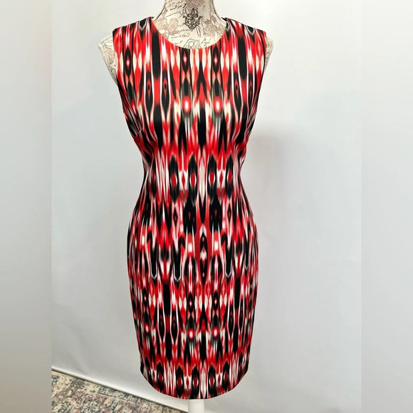 CALVIN KLEIN Red and black abstract print sleeveless sheath dress size 8 - Picture 9 of 14